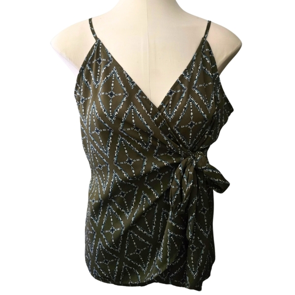 Allison Joy Evereve Green Printed Wrap Side Tie Tank Top Blouse Large - Picture 1 of 5